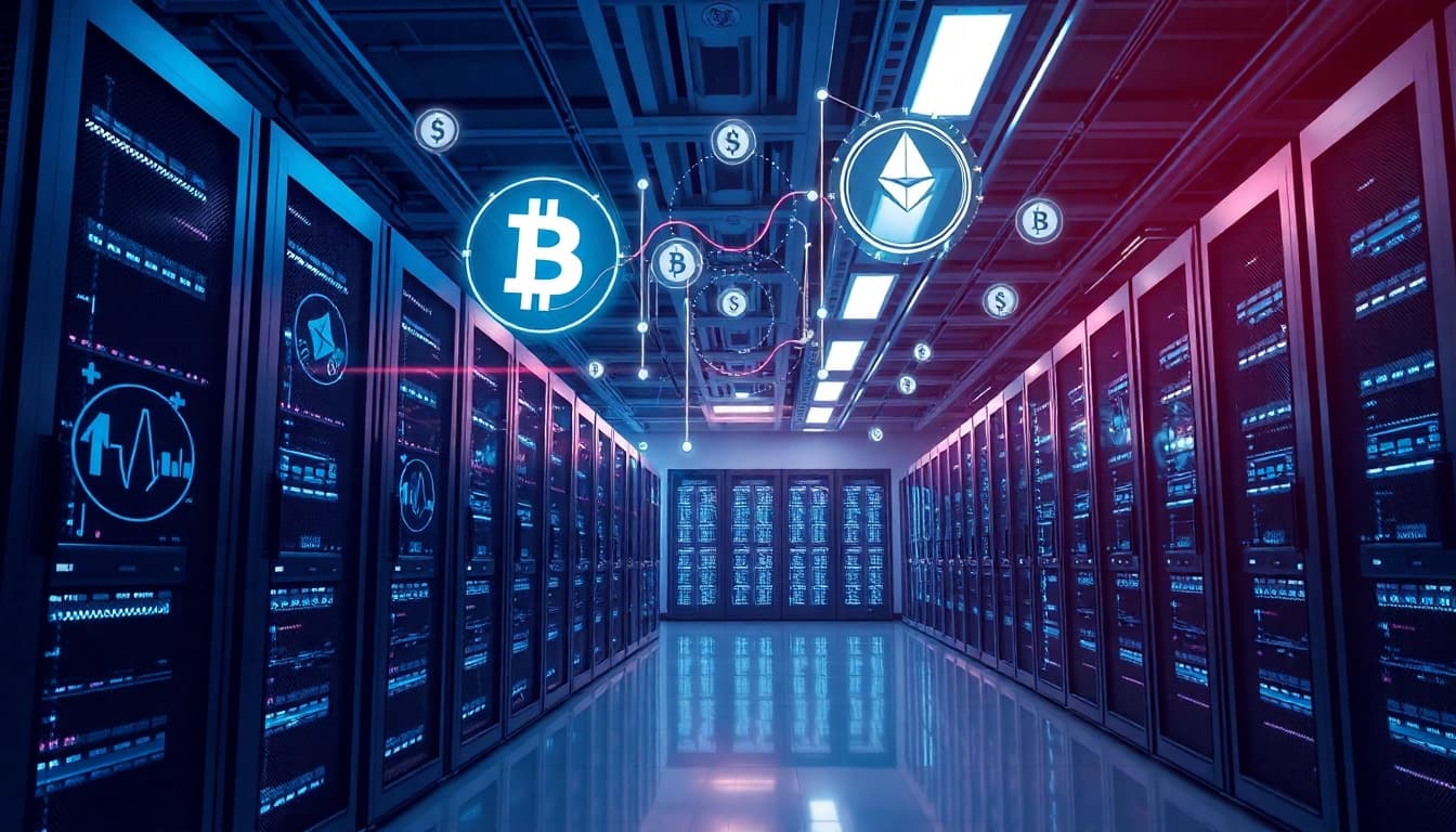 Visual representation of top cloud mining technology in a modern data center with servers and digital currency symbols.