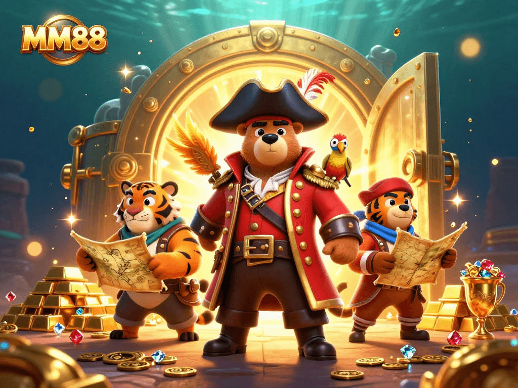 Engage in adventurous gaming with MM88 featuring pirate-themed 3D characters and treasure.