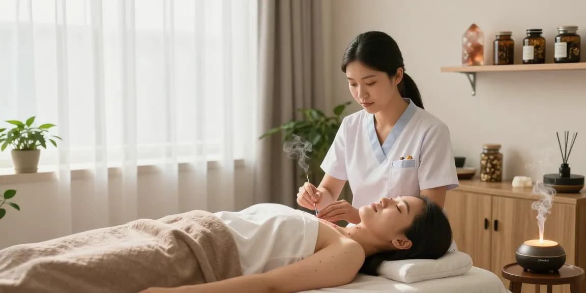 Healing acupuncture session at 영통한의원 with a relaxing atmosphere and natural light.