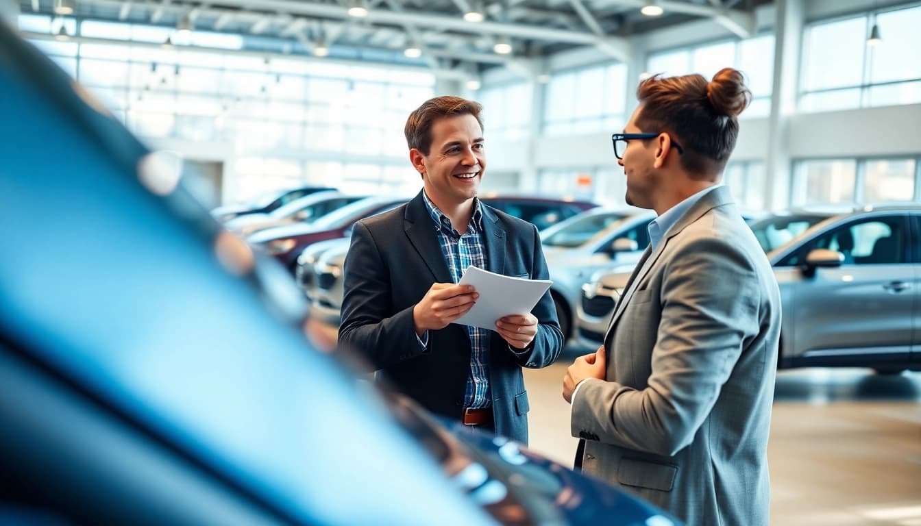 Buy a car at a dealership with a customer interacting happily with a representative.