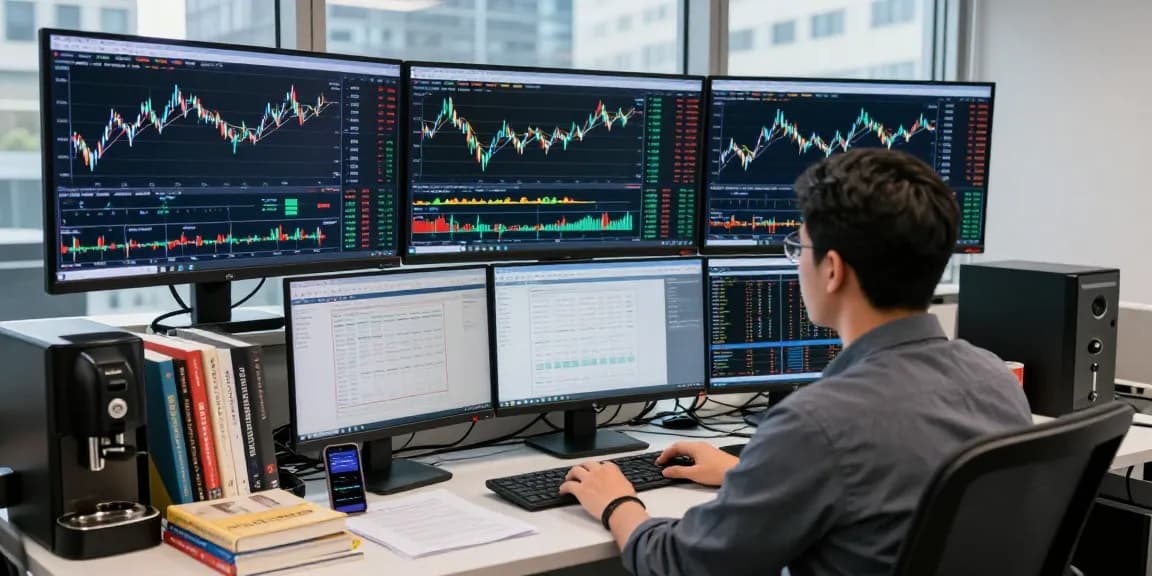 Trader using MetaTrader 5 on multiple screens in a modern office analyzing financial markets.