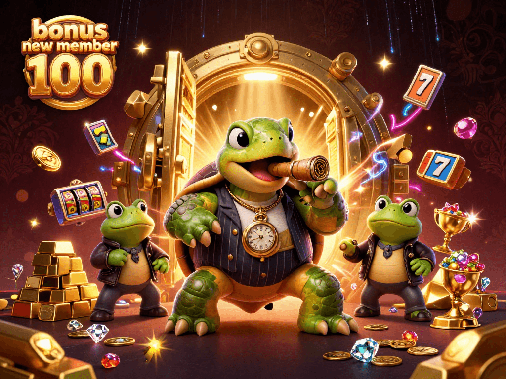 Win big with bonus new member 100 in this vibrant casino scene with colorful slot reels and treasures.