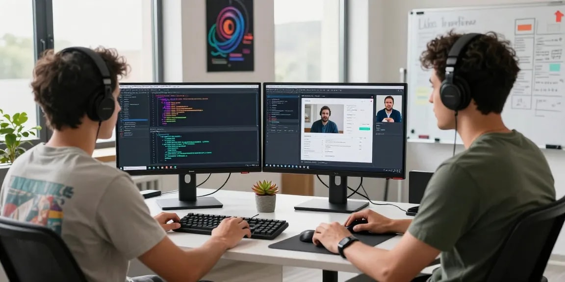 Motchill software developer working in a modern office with coding screens.
