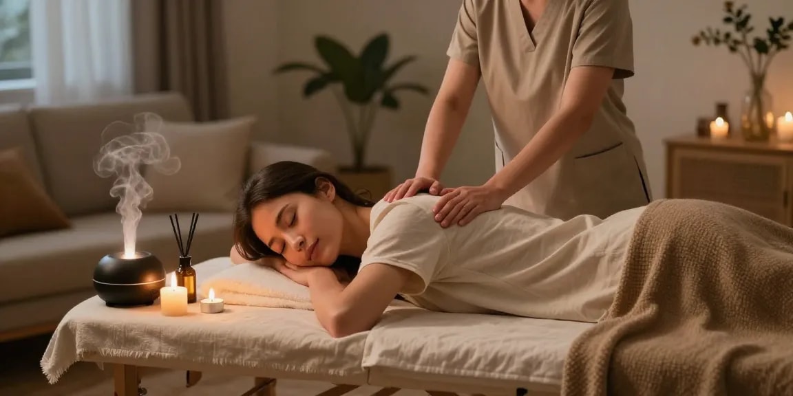A relaxing at-home massage experience, featuring an expert therapist providing 일산출장안마 services in a cozy living room.