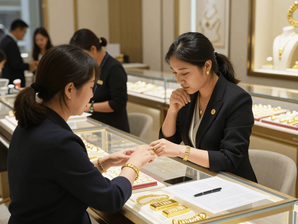 Showcase of mantra88 gold jewelry with elegant display and attentive customer service.