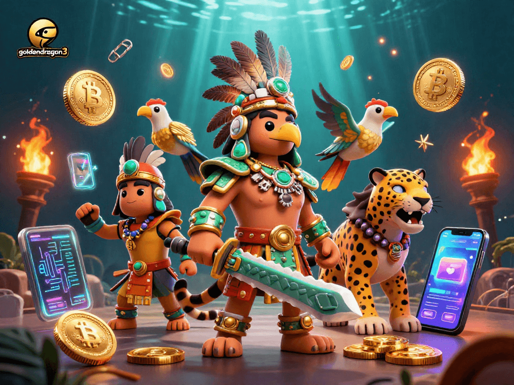 Play and win big with goldendragon3's vibrant 3D slot game illustration featuring warriors and crypto elements.