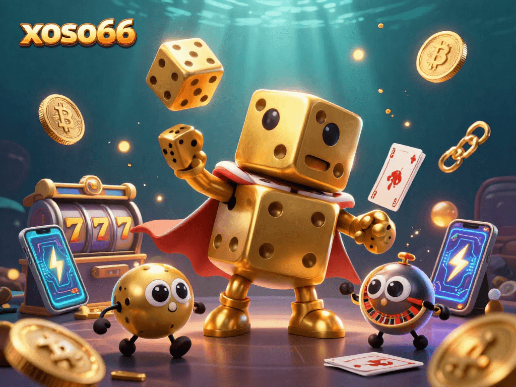 xoso66 showcases a dynamic casino scene with golden dice golem, slot reels, and cryptocurrencies.