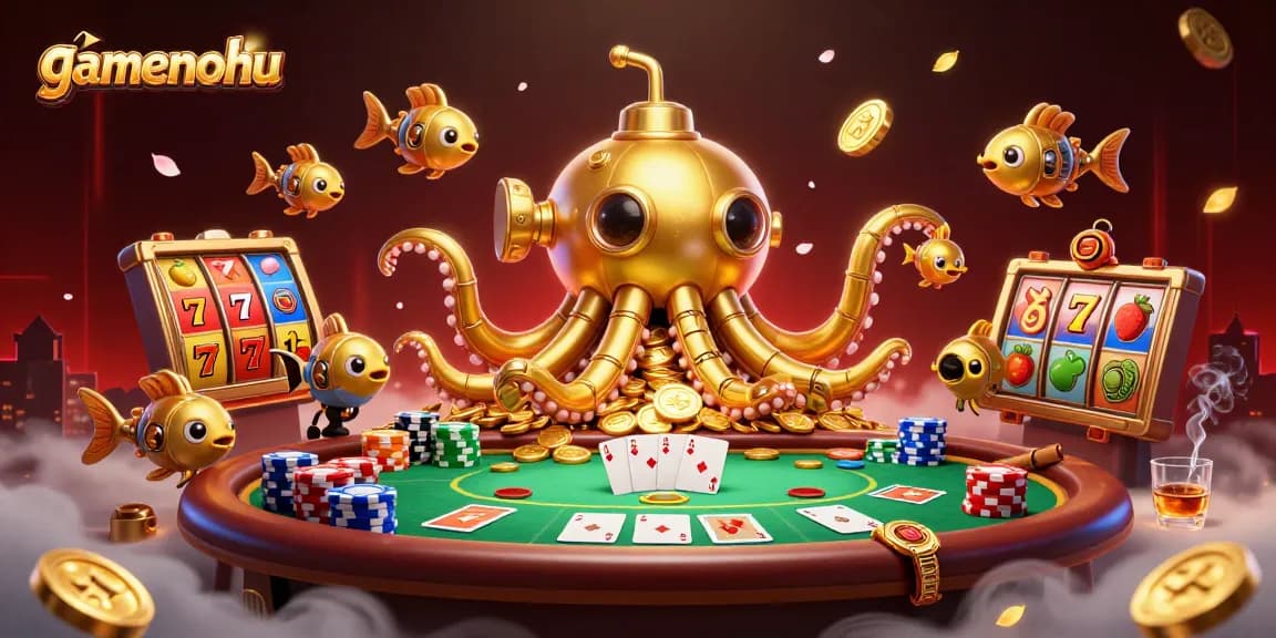 Experience thrill with gamenohu as the golden kraken submarine surfaces amidst jackpots and casino elements.
