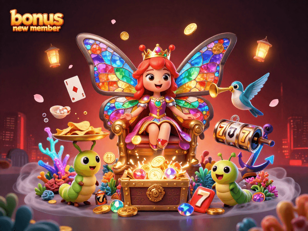 Engage with the bonus new member promo in this vibrant 3D casino scene filled with slot elements, gold coins, and treasure.