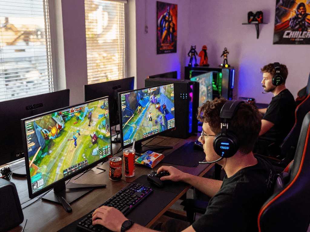 Players immersed in vin88 online gaming with vibrant visuals and snacks