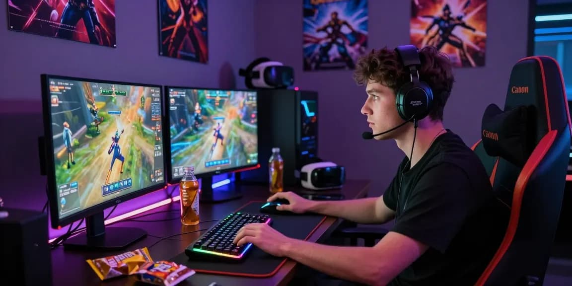 Intense gamer focused on raja328 situs gameplay in a vibrant gaming setup