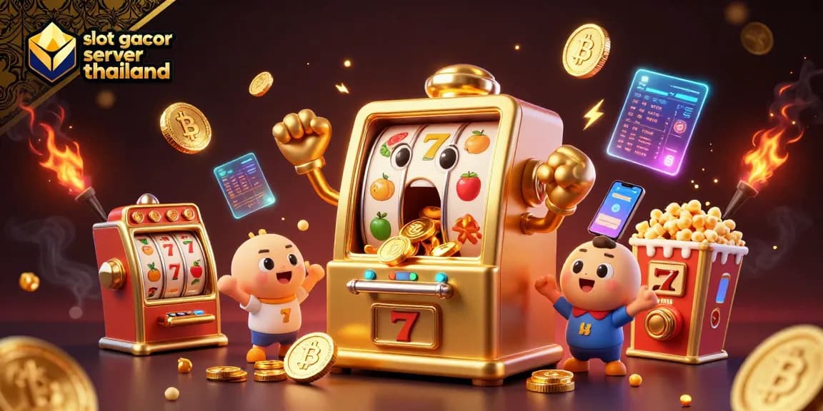 Experience the excitement of slot gacor server thailand with a vibrant 3D depiction of a golden slot machine hitting jackpots surrounded by cheering toys.