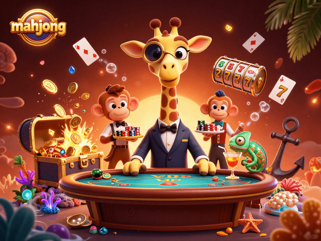 Experience thrilling mahjong excitement with vibrant casino elements and animated characters in this 3D illustration.