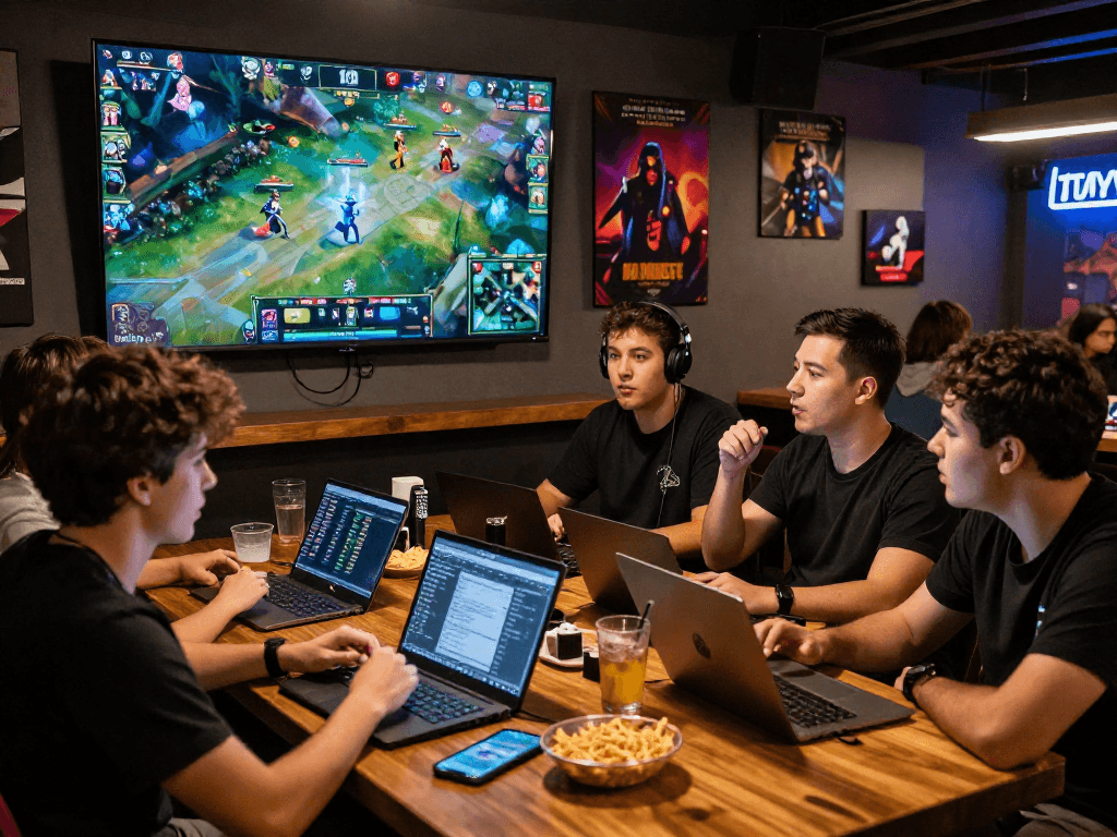 Exciting 롤토토 betting scene with friends watching esports in a vibrant sports bar.