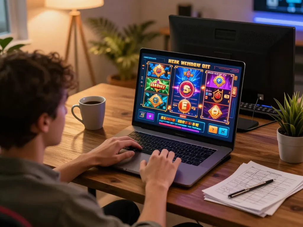 Engaged in gameplay at a lista casino online non aams, a user interacts with vibrant slot games on a laptop.