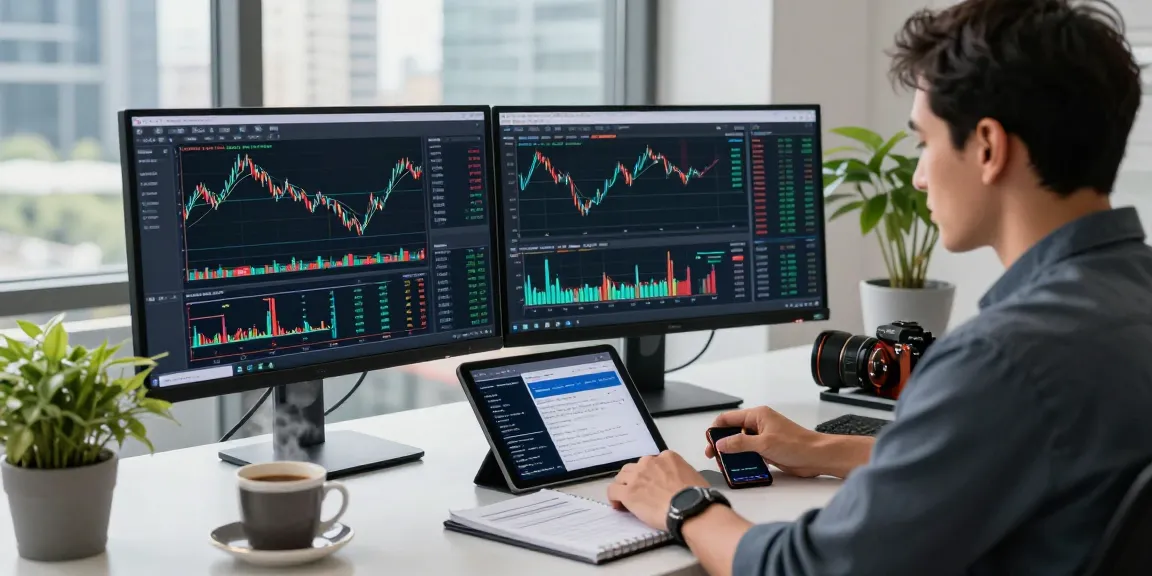 Trader using mt5 on dual monitors with financial charts and market news