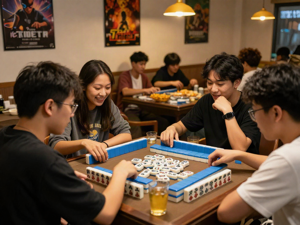 Friends playing MahjongJP88 at a lively game night with colorful tiles and snacks