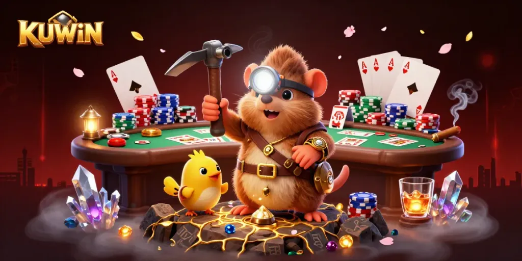 KUWIN enhances gaming with engaging visuals of a treasure hunter mole and poker elements.