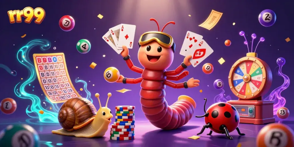 Engage with rr99's vibrant gaming scene featuring a millipede dealer and high-roller snail.