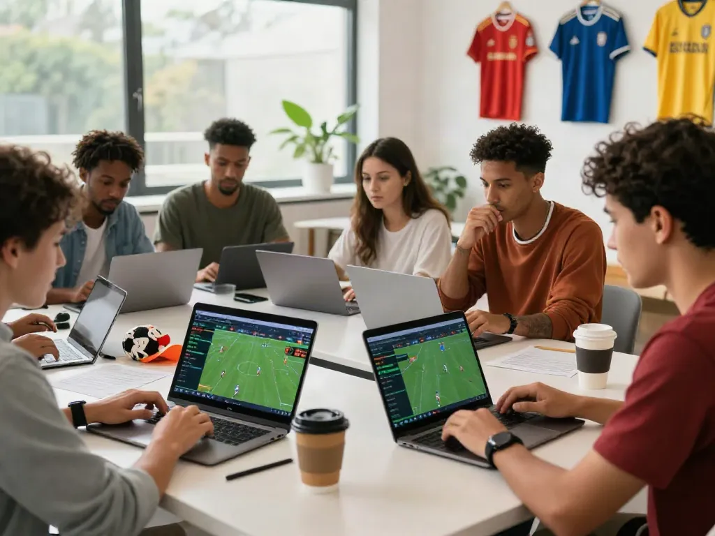 WWBOLA sports betting enthusiasts analyzing odds in a vibrant workspace.