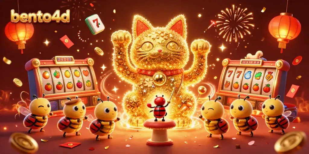 Engage with bento4d's vibrant casino scene featuring a lucky cat and fireflies.
