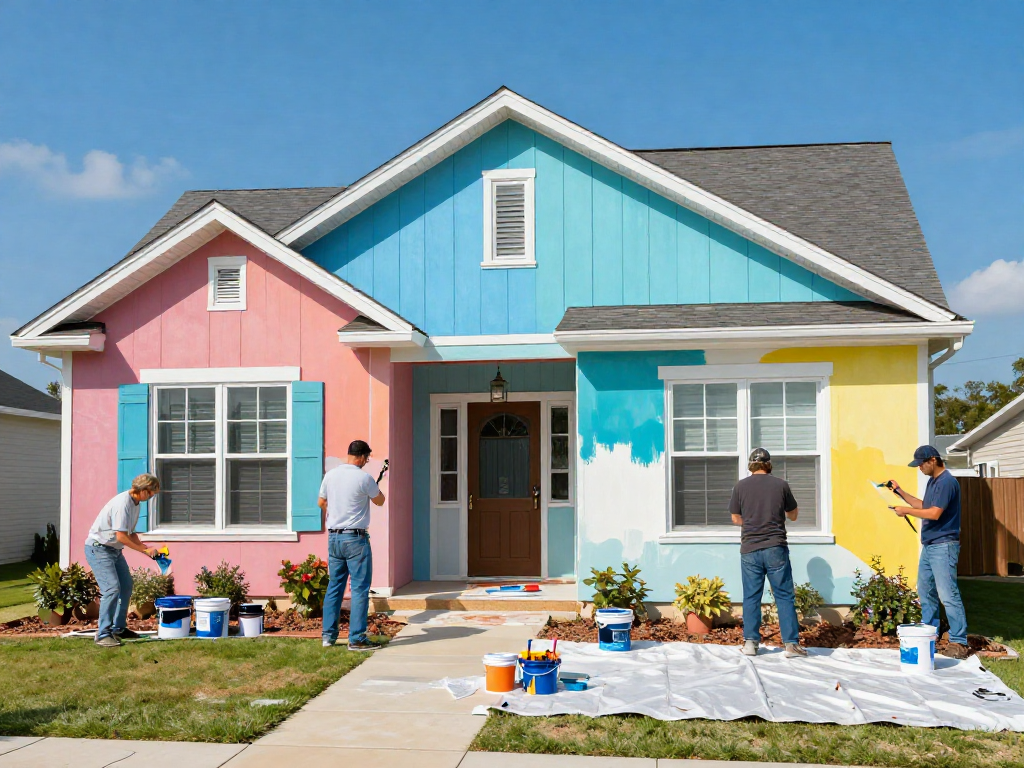 Texas Home Painters diligently painting a suburban home, enhancing curb appeal with vibrant colors.