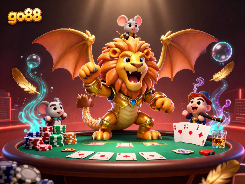 Experience thrilling gameplay at go88 with a vibrant 3D casino scene featuring a victorious chimera.