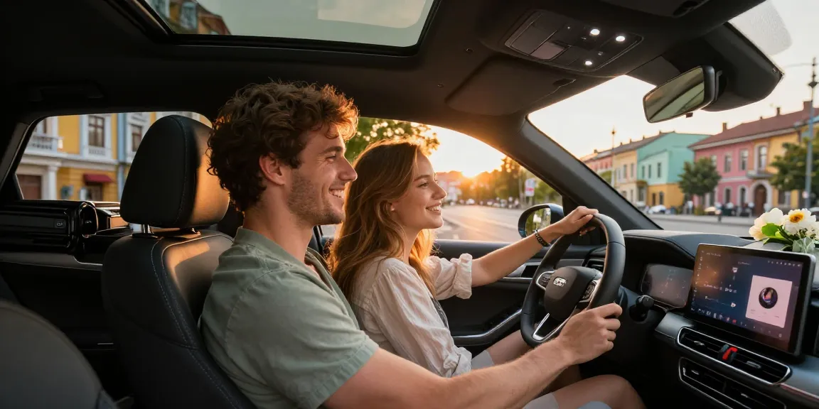 Couple enjoying a road trip in their FlexRent car in Chișinău with beautiful sunset.