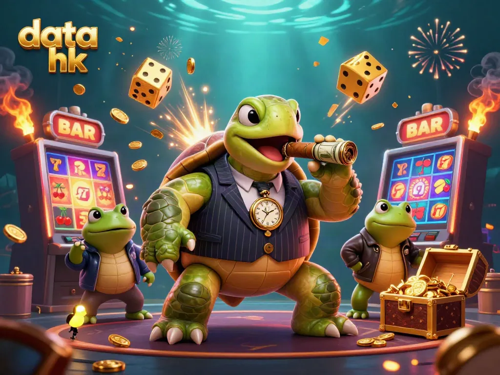 Bermain togel dengan data hk, ilustrasi 3D kartun unik dengan karakter penyu pemimpin.