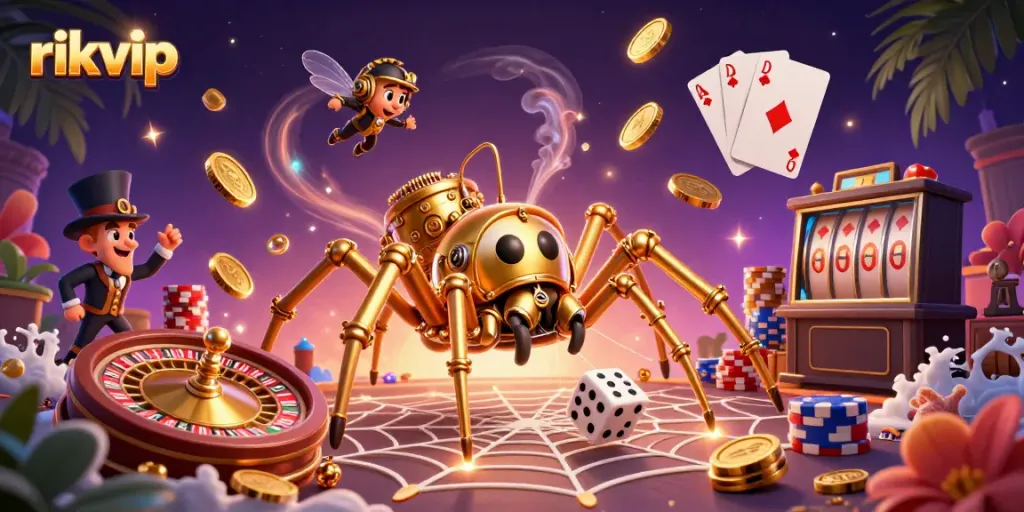 Experience the thrill of rikvip with golden chains, poker chips, and vibrant game elements in an enchanting 3D scene.