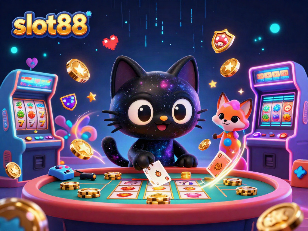 Experience the thrill of slot88 as the cosmic black hole cat pulls in gold chips amidst vibrant casino elements.