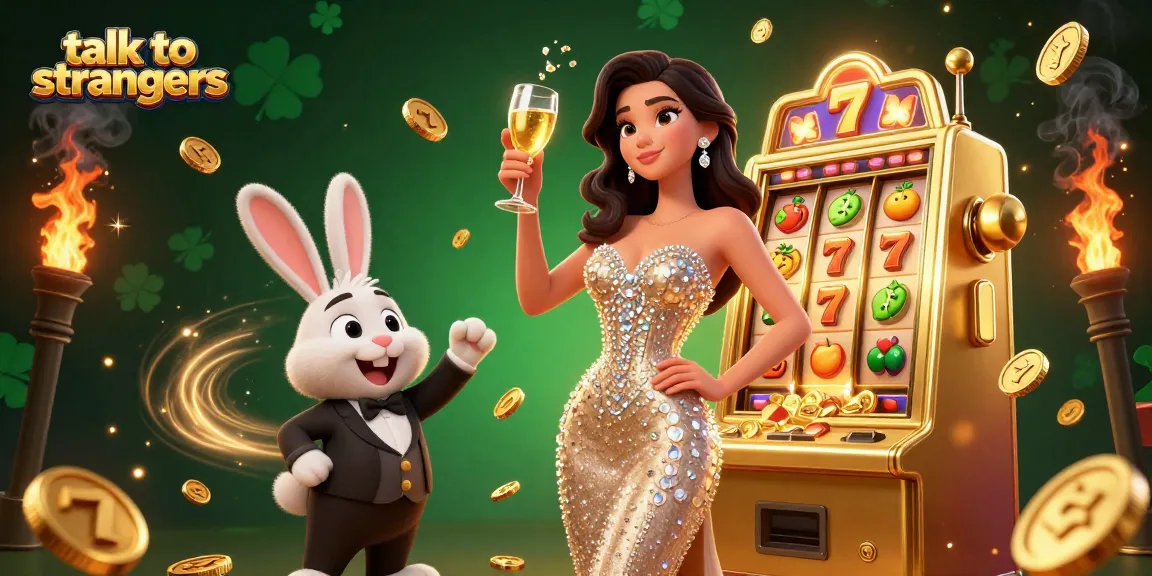 Talk to strangers while enjoying vibrant casino energy, featuring a woman toasting beside a jackpot machine.