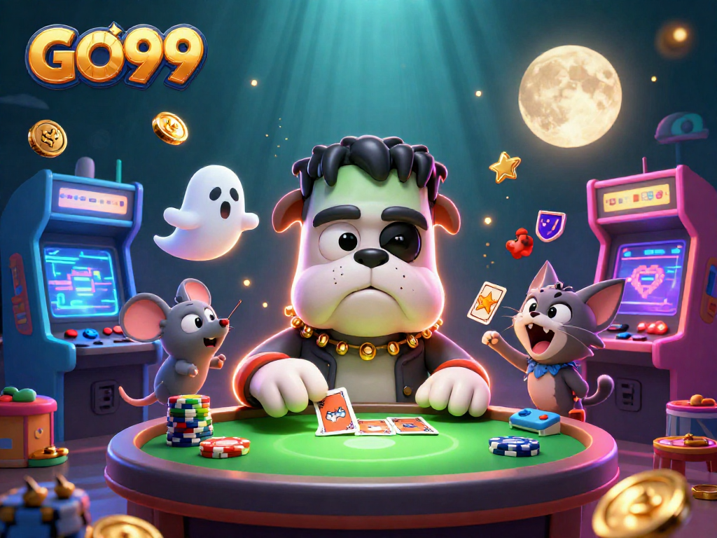 Engage with GO99 as a cartoon bulldog dealer amidst a vibrant casino scene.