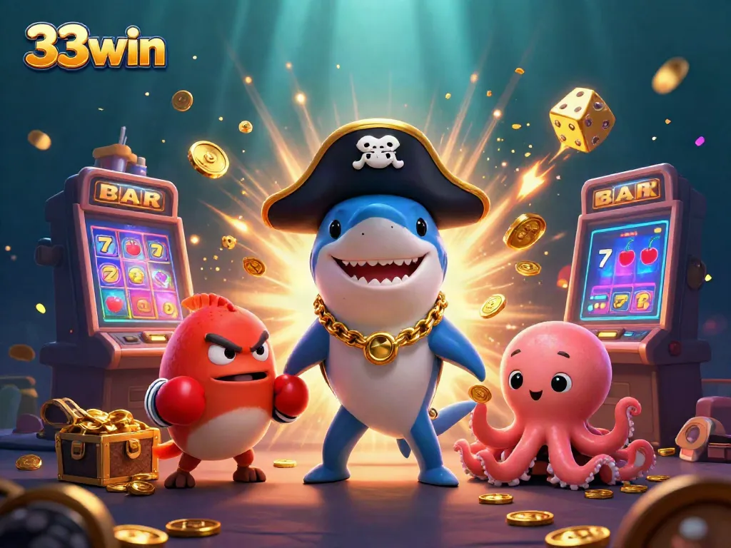 Engage with 33win's vibrant casino scenes featuring a cartoon shark, pufferfish, and octopus collecting coins.