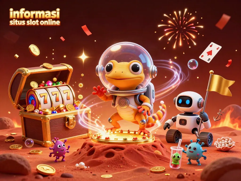 Mengakses informasi situs slot online dengan karakter hewan alien yang berinteraksi di kasino emas fantasi.