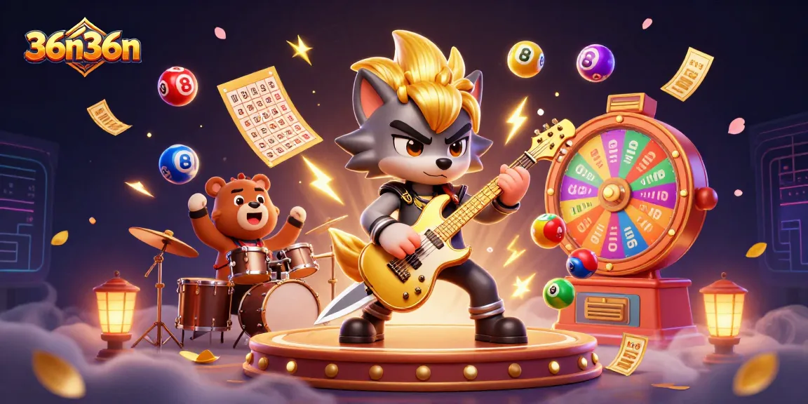 Engage with 36n36n's vibrant casino world showcasing a rock star wolf and drum bear amid colorful gaming excitement.