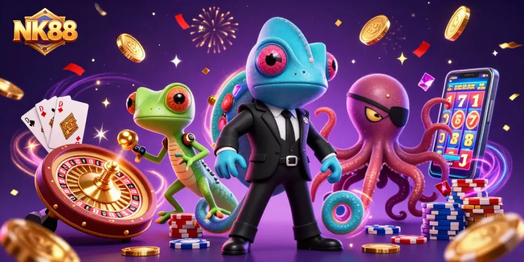 Win big with NK88 in this vibrant casino-themed digital illustration showcasing luck and excitement.