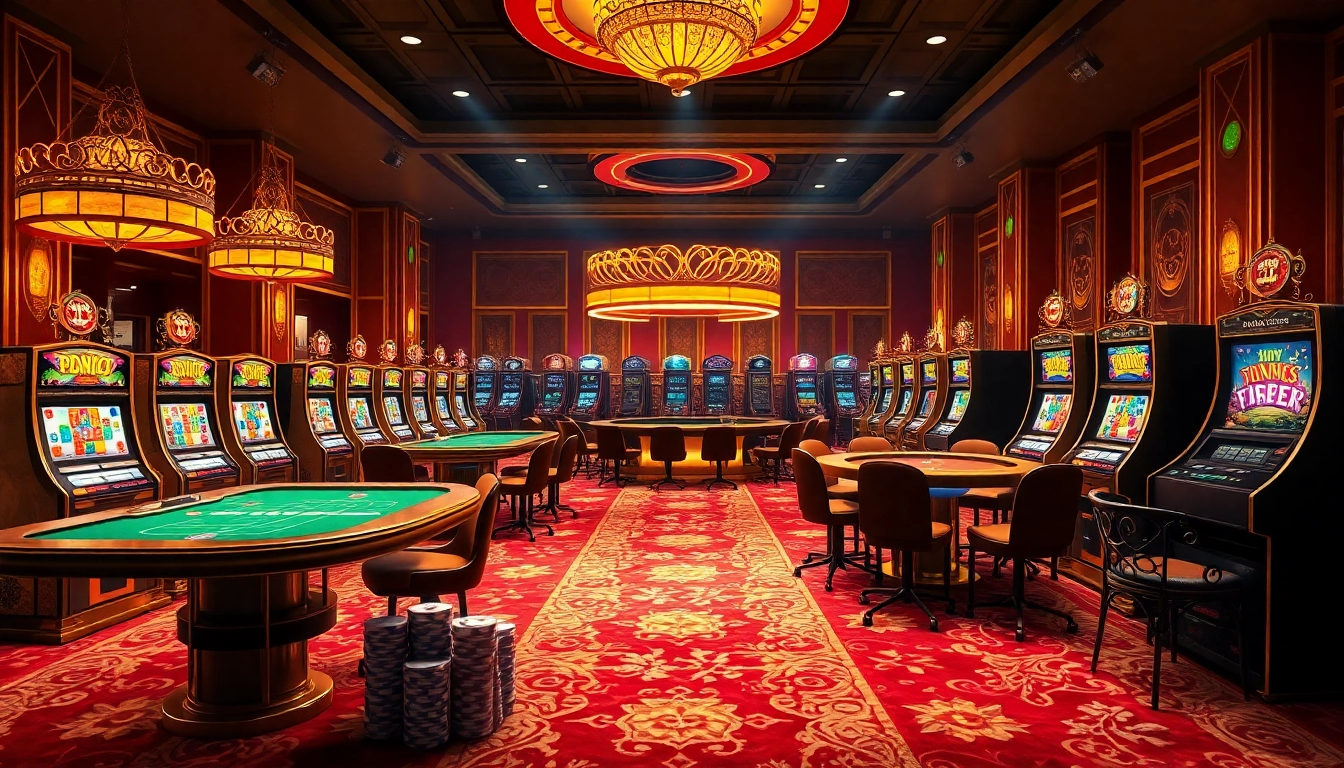 Une scène animée mettant en vedette un site de casino en ligne luxueux avec des machines à sous lumineuses, des jetons de poker colorés et des tables de casino élégantes.