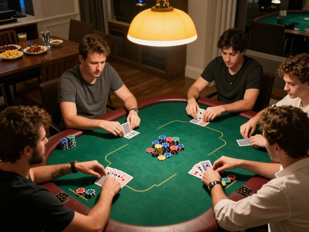 Players enjoying an engaging poker game at home featuring 7m strategy insights and colorful chips.