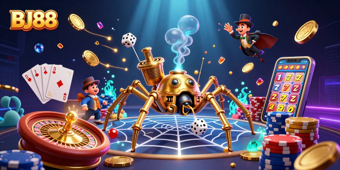 BJ88 casino-themed 3D illustration with steampunk spider capturing dice in web.