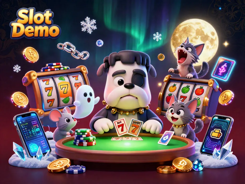 Engage with Slot Demo excitement as a whimsical Frankenstein bulldog and ghost mouse fill the spooky table setting, intermingled with vibrant slot elements.