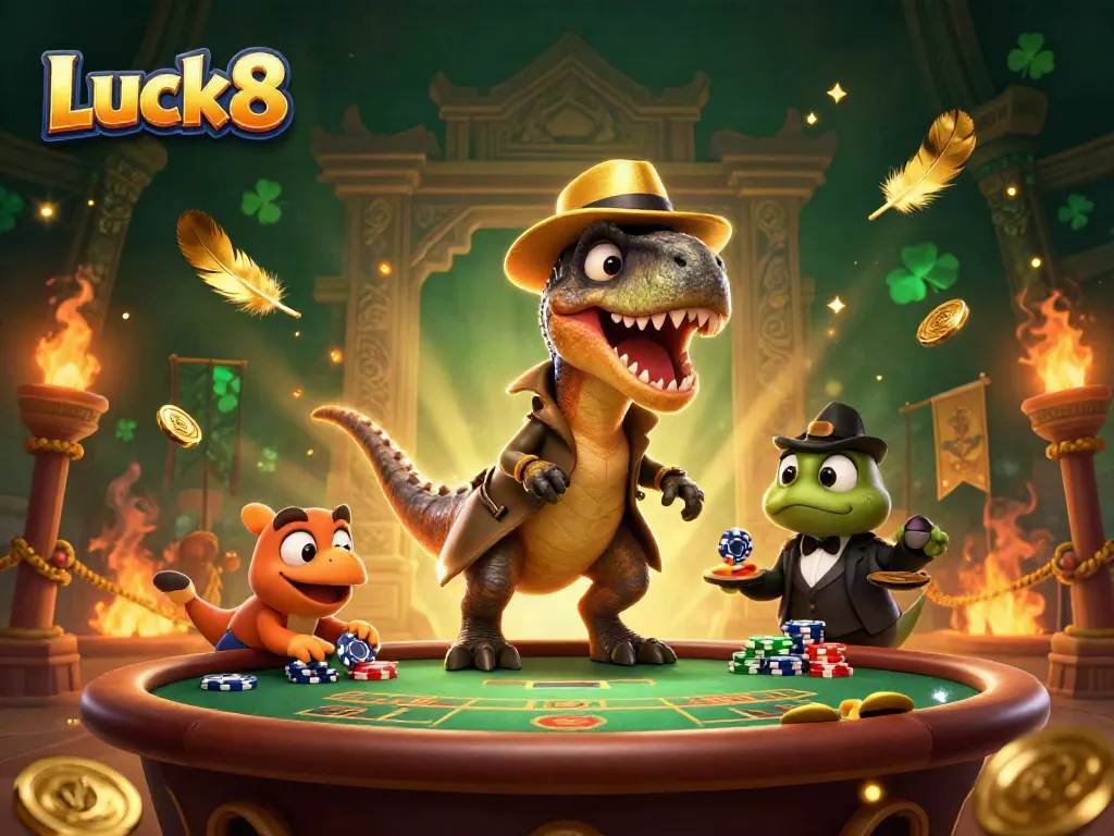 Luck8 features a velociraptor card counter, dressed inconspicuously at the blackjack table while being observed by a stegosaurus pit boss.