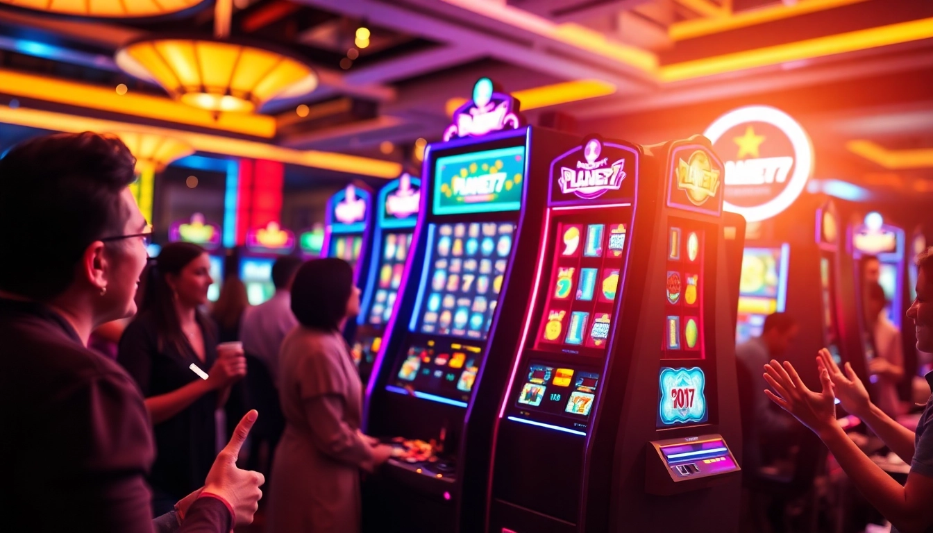 Menangkan jackpot di PLANET77 slot terbaru, menampilkan pemain ceria dalam suasana kasino yang hidup.