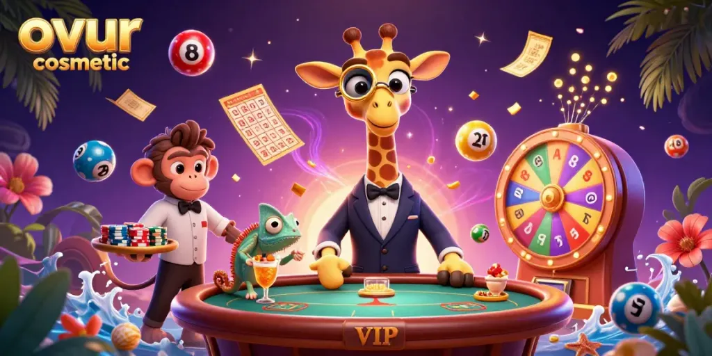 Experience the thrill of ovur cosmetic in this vibrant gambling-themed 3D illustration featuring a high-roller giraffe.
