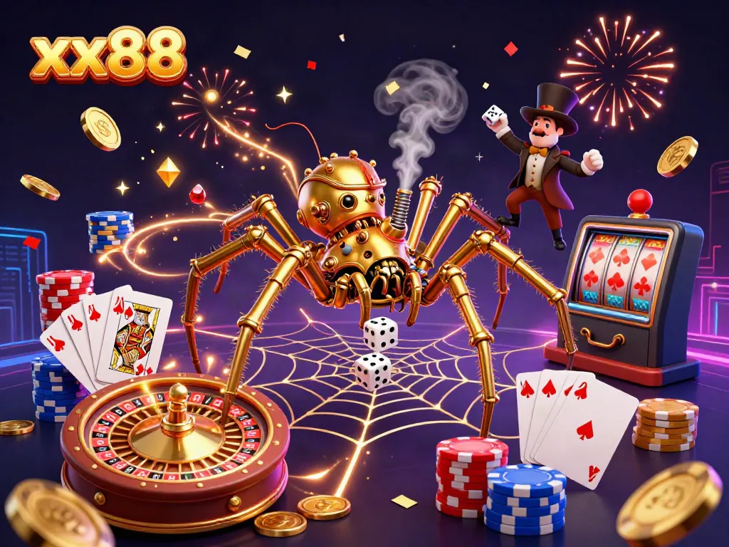 Engage with exciting xx88 casino action in a vibrant steampunk world featuring golden coins, poker chips, and dynamic characters.