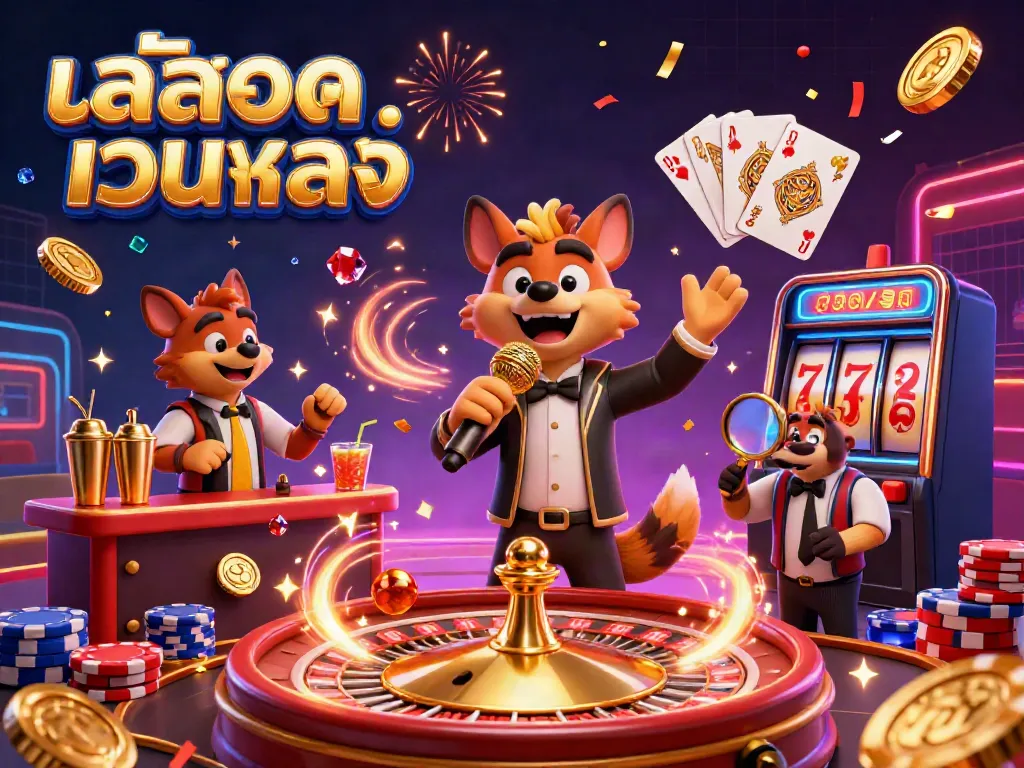 Experience  สล็อตเว็บตรง with hyenas in a lively casino scene featuring fun characters, sparkling gems, and festive atmosphere.