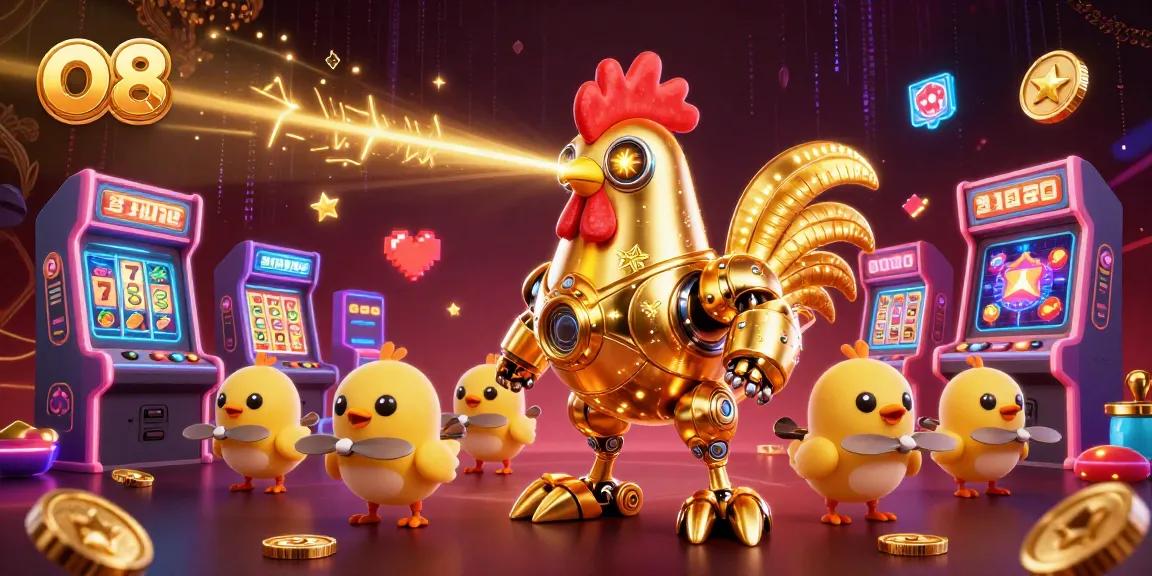 Engage in O8-style gaming with a dynamic scene featuring a golden rooster robot and arcade elements.