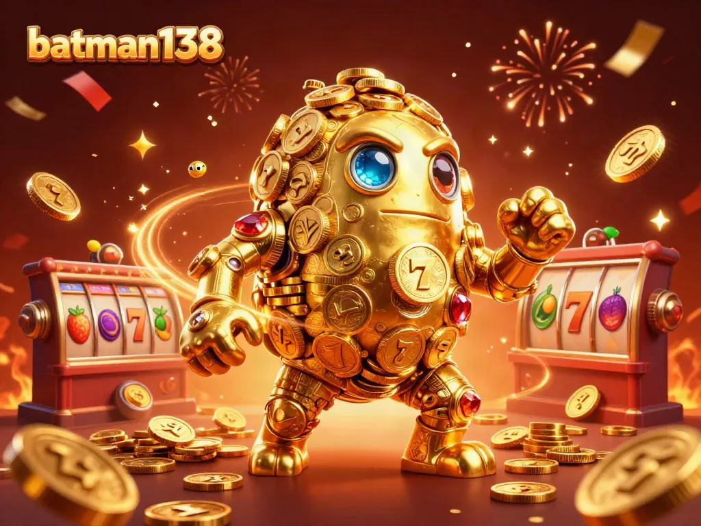 Experience the excitement of batman138 with a golden golem and vibrant slot machine elements in a rich 3D scene.
