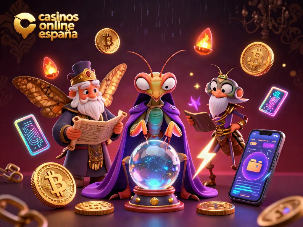 Ilustración 3D de un casino online en España, donde un camaleón de la suerte observa bolas de cristal.