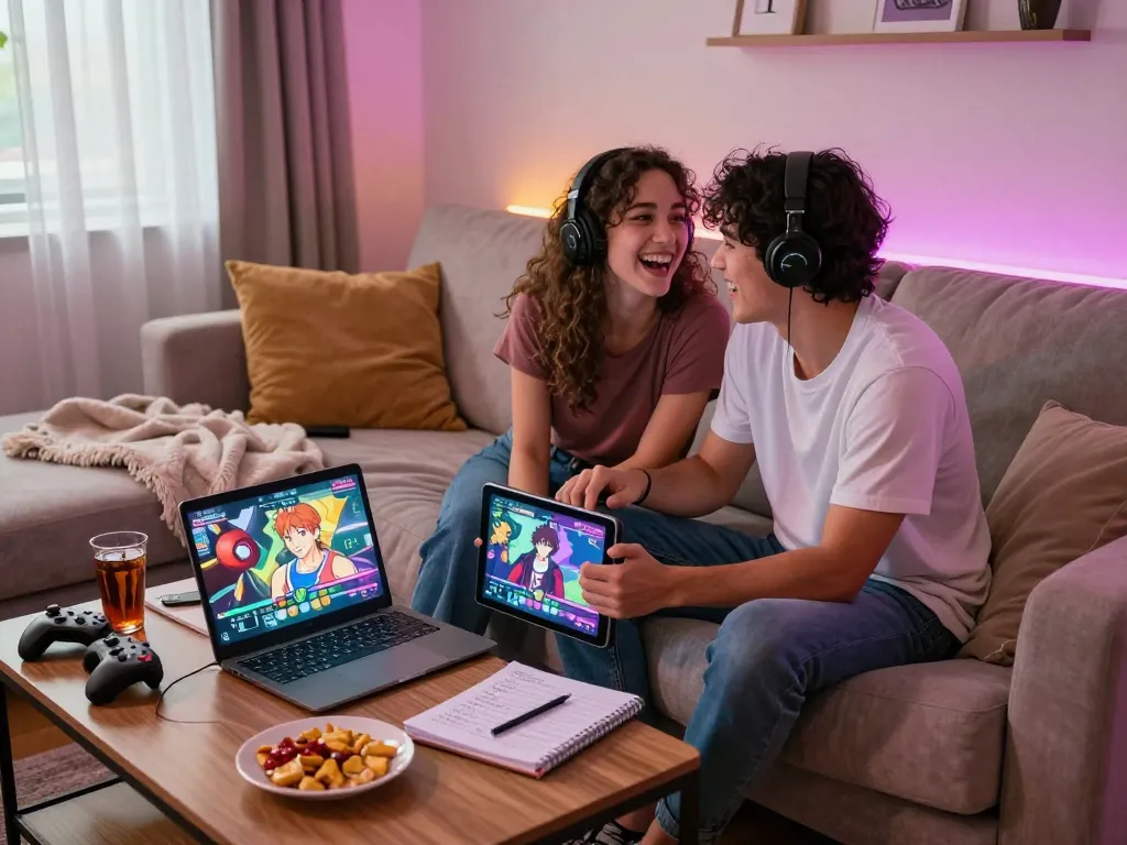 A couple enjoying a hentai game together on a laptop in a cozy living room.